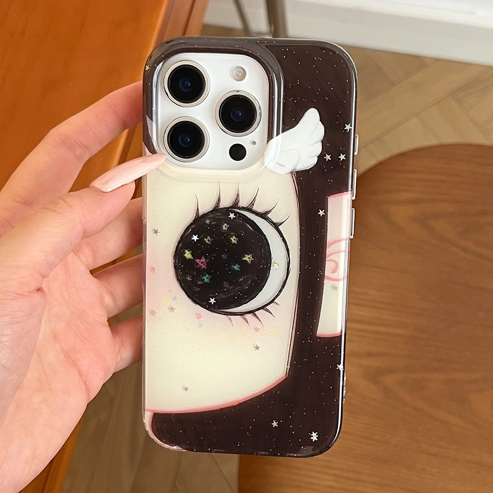 INS Fashiy Cute Big Eyed Girl Phone Case with Feather Texture Back Cover