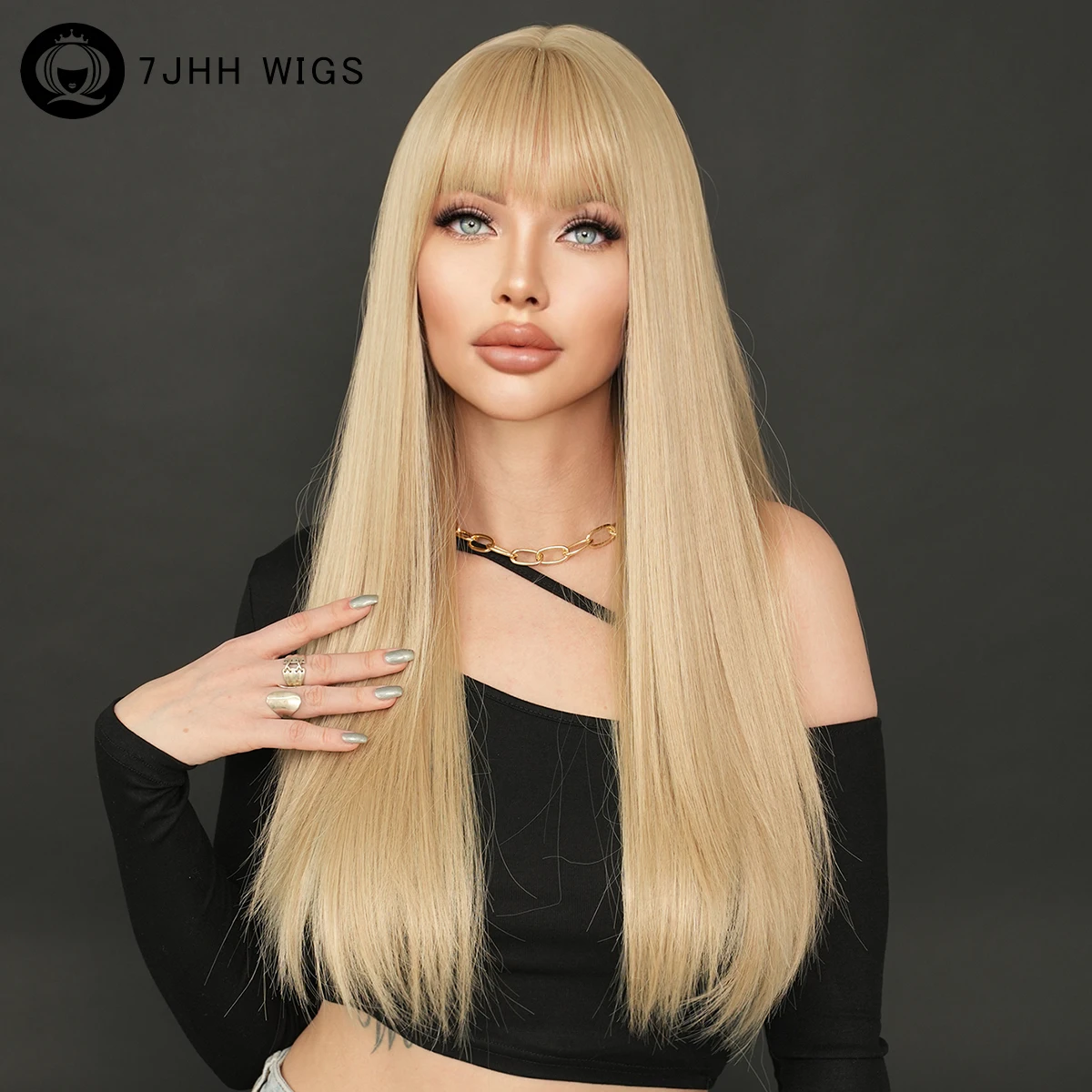 7JHH WIGS Synthetic Long Straight Blonde Wigs with Neat Bangs High Density Heat Resistant Champagne Hair Wigs for Women Daily