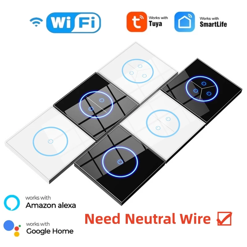 Tuya Wifi Smart Swich Eu 1/2/3Gang Light Switch App Remote 10A Wall Glass Panel Touch Switch Smart Home Control Alexa Google