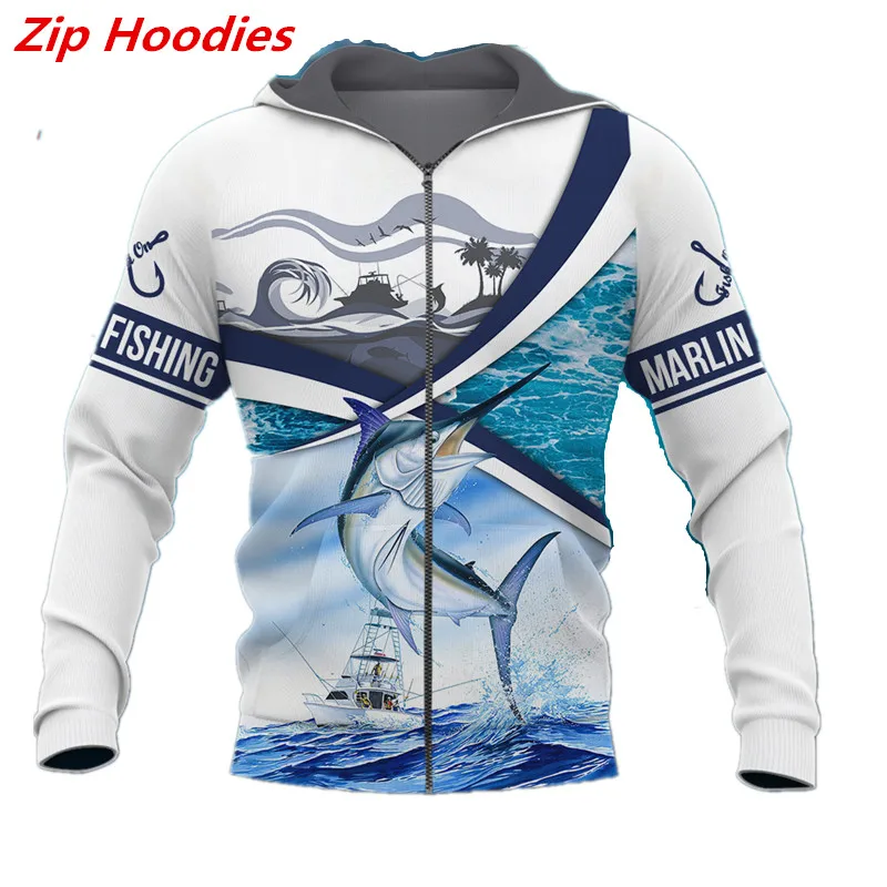 Men's Marlin 3D printed hooded pullover fashion unisex casual autumn zippered hoodie long-sleeved sweatshirt
