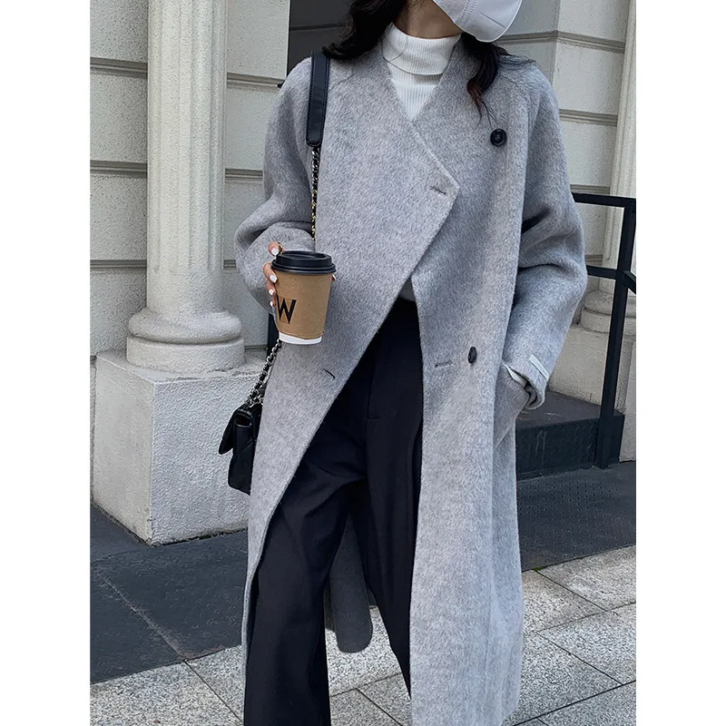 

Korean Chic Double Face Wool Coat For Women Autumn Winter Warm Clothes Fashion Oblique Two Buttons Loose Wool Outerwear Abrigos