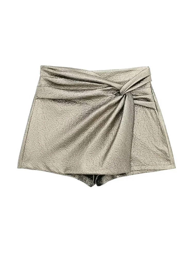 

HH TRAF 2024 Woman Fashion Metallic Skorts Women's Ruched High Waisted Short Skirts Female Chic Elegant Mini Skirt Wrap Shorts