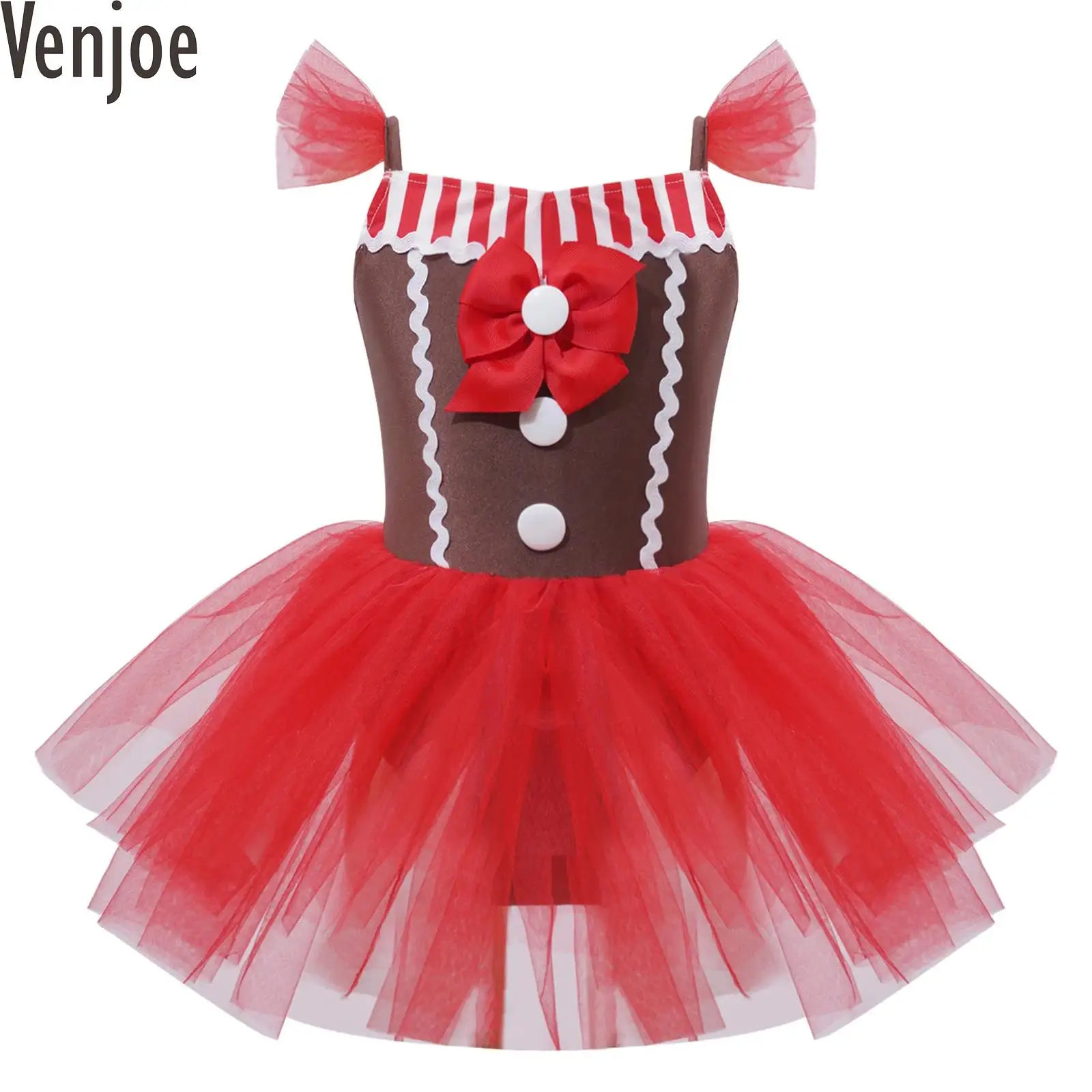 

Kids Girls Christmas Costume Gingerbread Costume New Year Holiday Dress Sleeveless Xmas Cami Dress Striped Tutu Dress Bodysuit