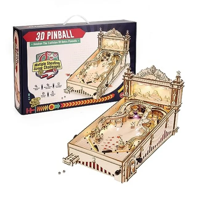 Robotime Rokr Wooden Model Kits 3D Puzzles Pinball Machine Marble Run Arcade Pinball Game Fun Gift for Kids 482pcs EG01