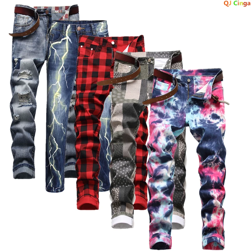 2023NewFashionMensCottonJeansElasticSlimSkinnyWhiteJeansMen