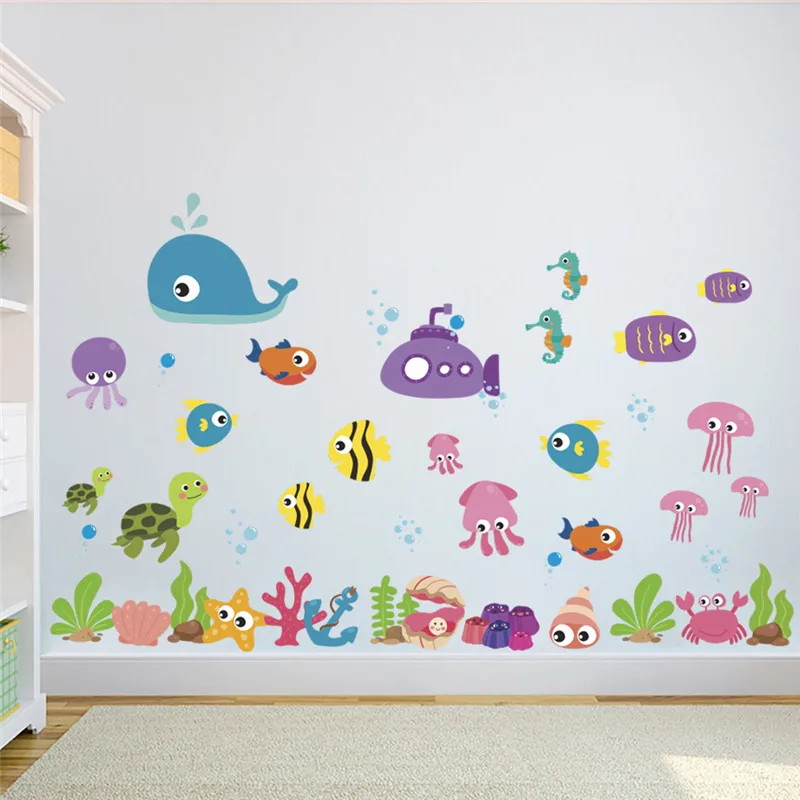 Cartoon Whale Fishes Sealifes Wall Stickers For Kids Room Bathroom Glass Decoration Sea World Mural Art Diy Pvc Home Decal