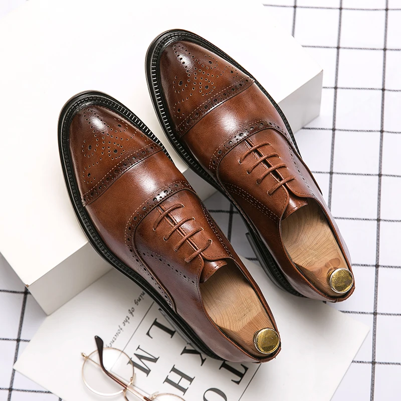 

Oxfords Shoes for Men Brown Black Business Lace-up Pu Office Brogue Dress Shoes Zapatos De Vestir Hombre Mens Shoes