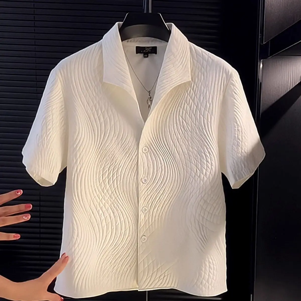 Men's British Style Wavy Textured Short Sleeve Shirt Casual Fashion Button Down Blouse