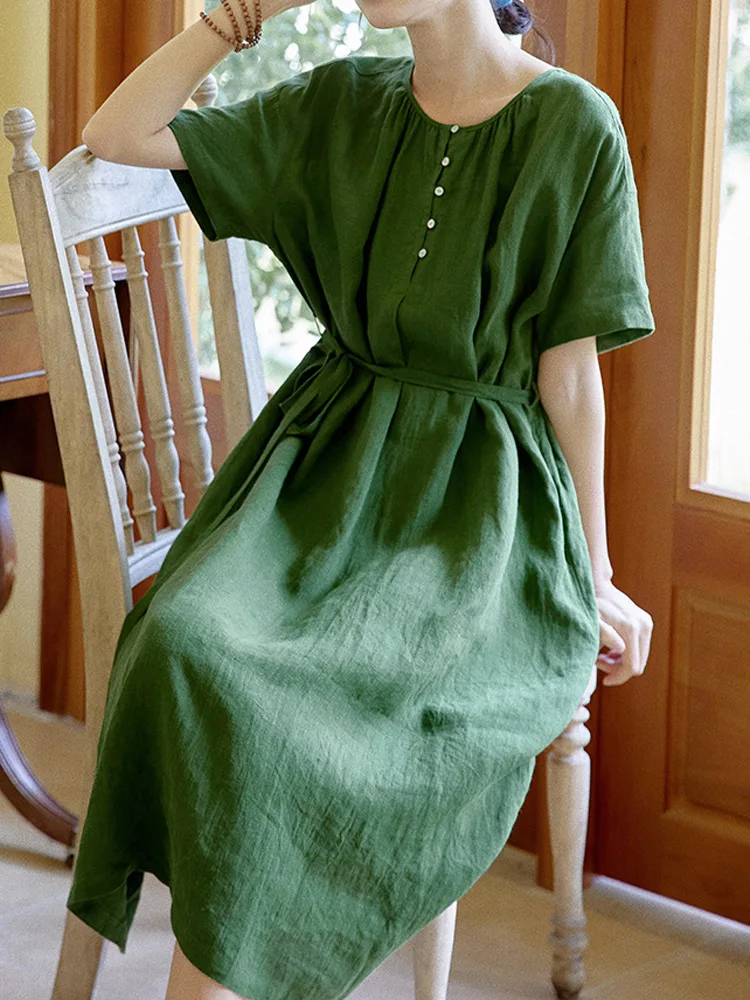 

France imported fine-wrinkled pure linen in summer, the new retro short-sleeved dress is long.