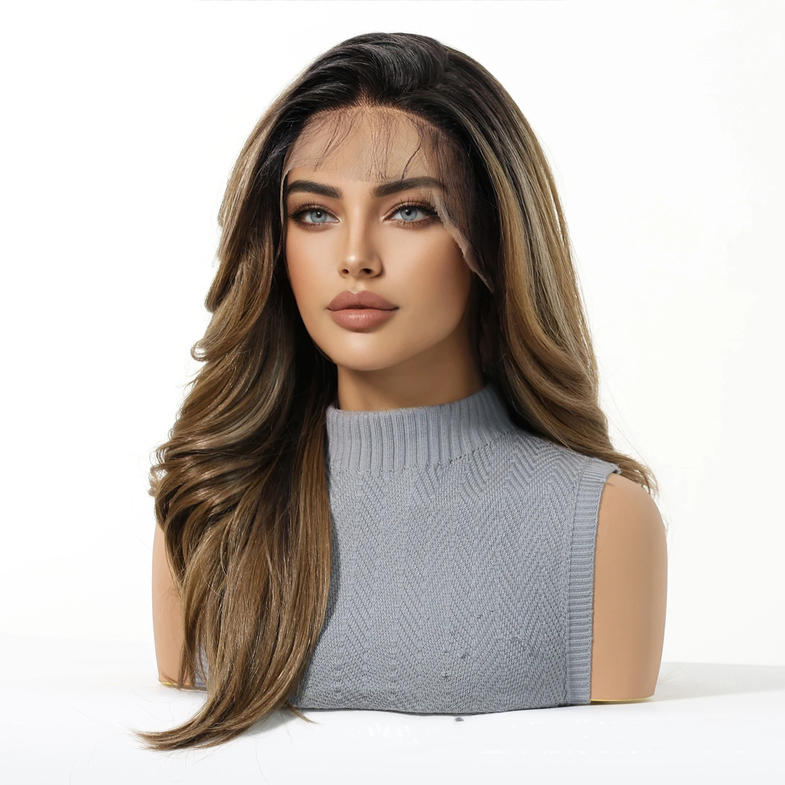 DWY 13*6 Brown Black Ombre Lace Frontal Synthetic Wigs Long Wave Hair For Women Daily Natural Free Part Wig Heat Resistant Fiber 4