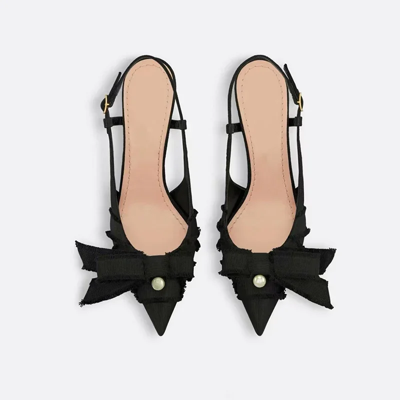 Bowknot Pearl Slingback Pointed Toe Stiletto Sandals Woman Summer Sexy Black Hollow High Heels Women's Shoes Luxury