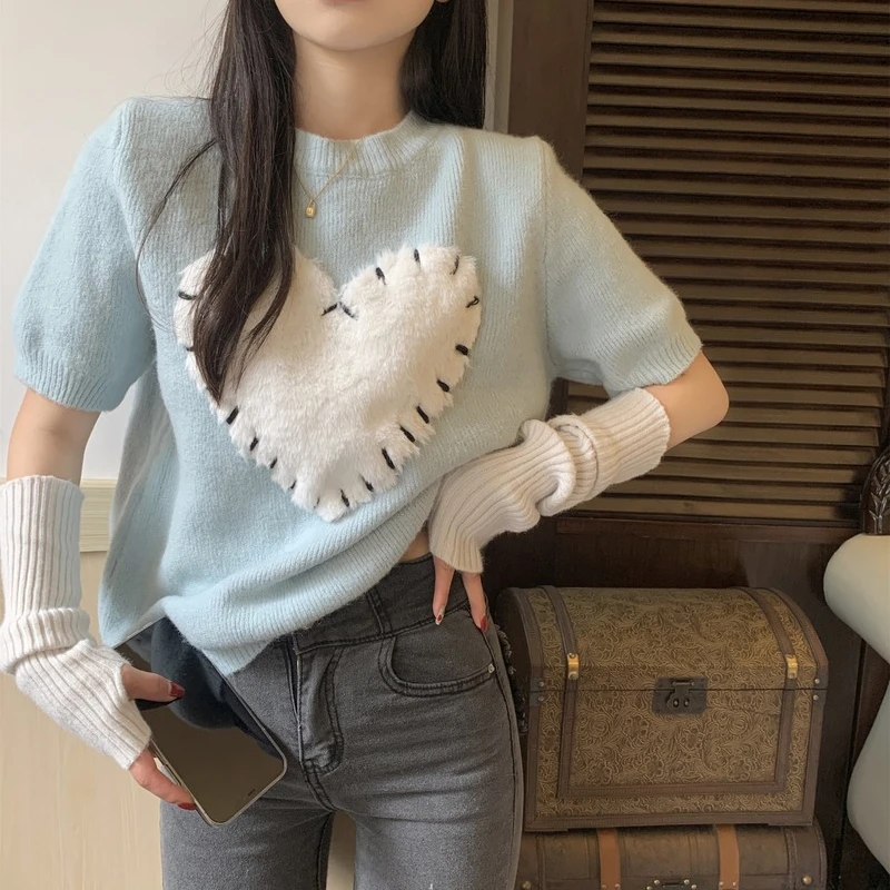 

Ladies Fashion New Love Short Sleeve Knit Sweater Women's Spring Sweater Korean French Round Neck Printed Pullover Top Female