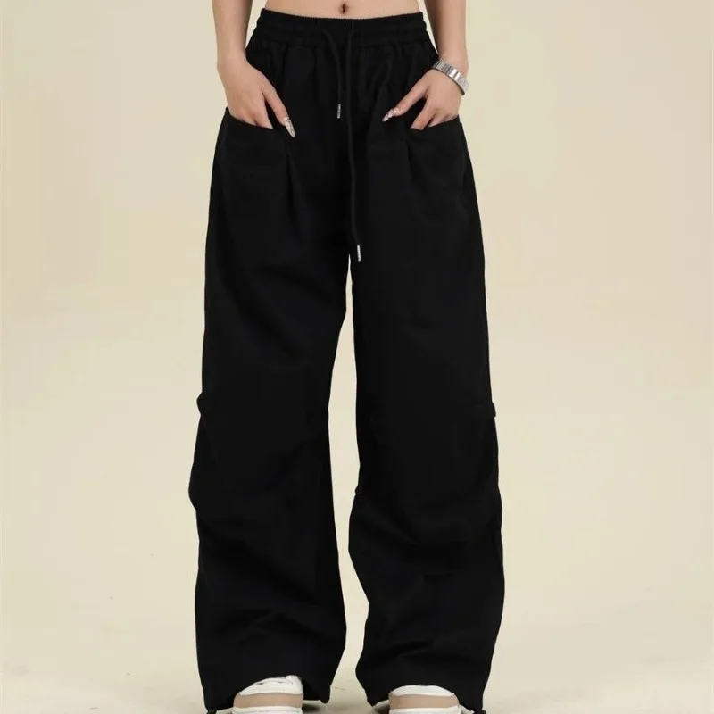 Women's Spring Summer Elastic Solid Pockets Bandage High Waisted Wide Leg Workwear Loose Trousers Casual Fashion Vintage Pants