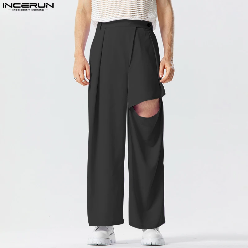 

INCERUN 2023 New Men's Long Pants Fashion Street Hollowed High Waisted Trousers Casual All-match Solid Wide Leg Pantalons S-5XL