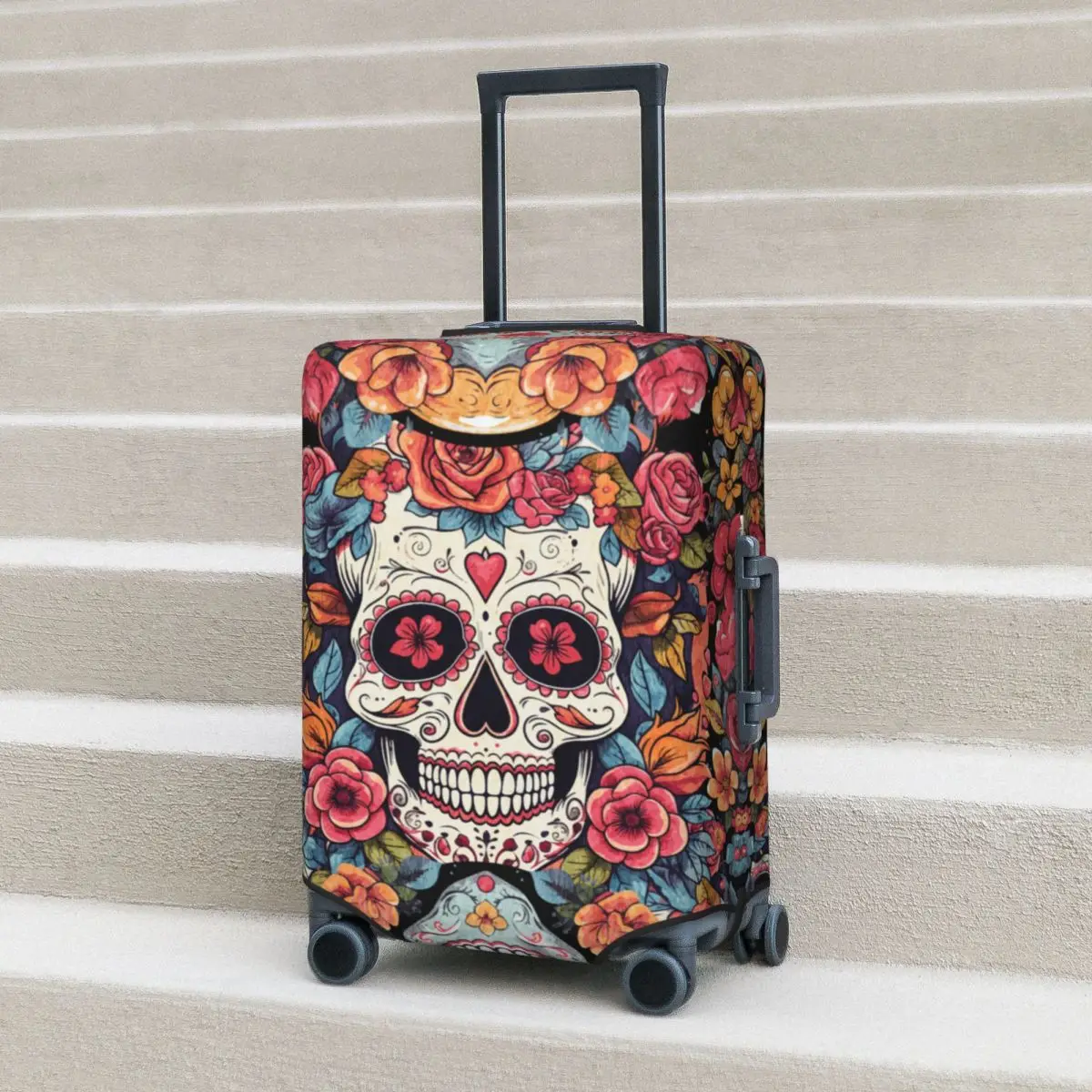 

Floral Sugar Skull Print Suitcase Cover Halloween Colorful Flowers Flight Cruise Trip Elastic Luggage Accesories Protector