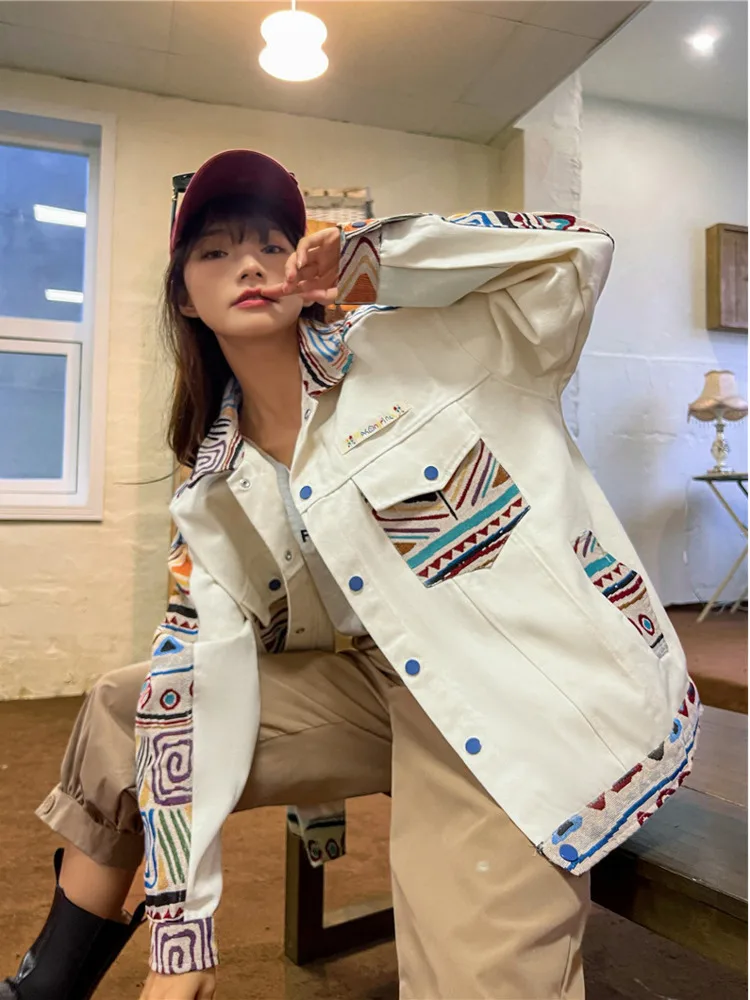 

Spring and Autumn New Ethnic Style Spliced Denim Jacket Men's and Women's Design Sense Small American Loose Work Jacket