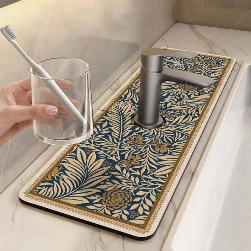 Nappa Skin Faucet Splash Catcher Absorbent Mat Printed Sink Splash Guard Countertop Protector Drying Pads for Kitchen Bathroom