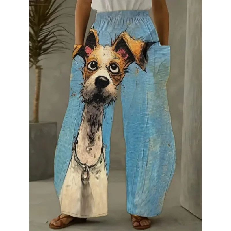 Damen Kawaii Hunde Muster Lässige Hose mit weitem Bein Vintage Farbe Beagle Sommerhose Lustige weiche lockere klassische Hose mit großen Taschen – Detail 12