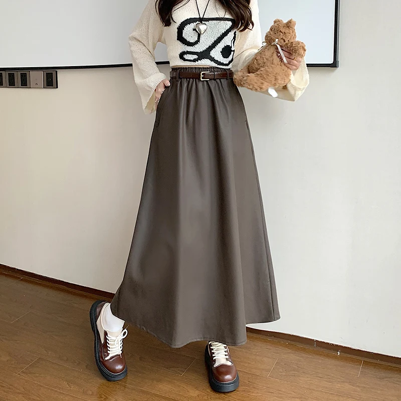 

Bonnie thea Autumn and Winter PU Leather Skirt Lady Black Elastic Waist Relaxed Retro Y2K Skirt A-line Large Swing Midi Skirt