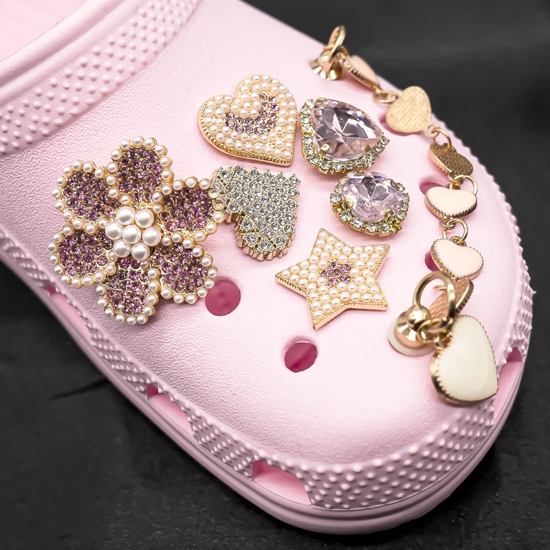 8pcs Bling Pink Gems Croc Charms Pentagram Heart Shoe Accessories  Decorations Flower fit Women Croc Clogs Buckle Girls Gifts