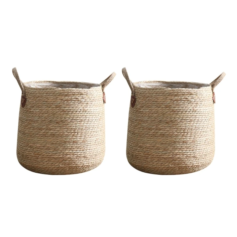 

2Pcs Grass Woven Flower Basket with Handle Decorative Container Supplies for Festival New Year Birthday Party Decoration