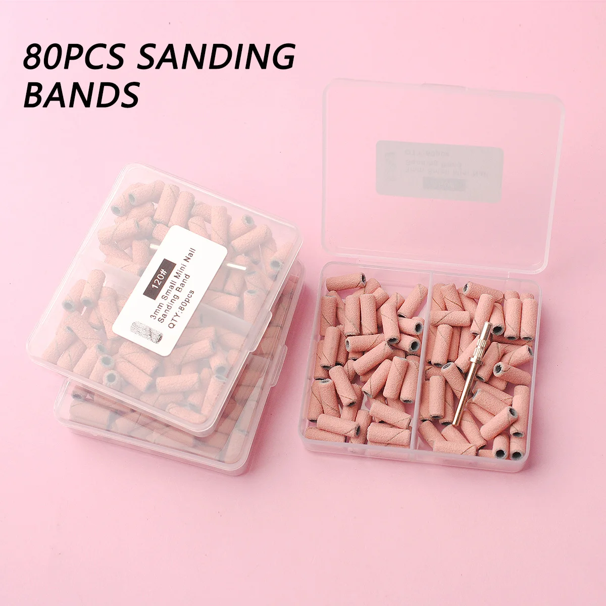 80pcs/box Pink 3.1mm Mini Sanding Bands Kits Nail Drill Bits Mandrel Sets Electric Manicure Accessories Tool Dead Skin Remover 3
