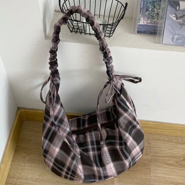 Autumn Vintage Plaid Shoulder Bags for Women Large Capacity Ladies Underarm Crossbody Bag Casual Girls Drawstring Tote Handbag