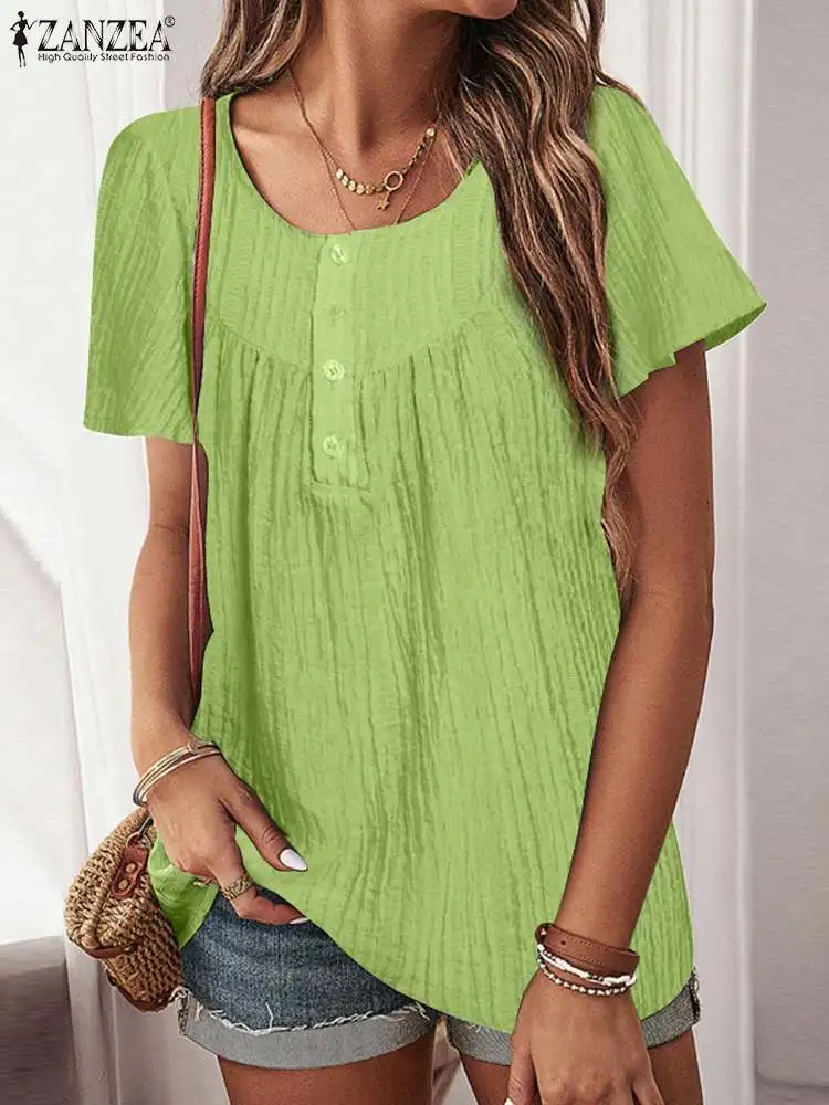 

Женская однотонная туника на пуговицах ZANZEA, винтажные повседневные топы, модная блузка с круглым вырезом, праздничные летние рубашки с коротким рукавом 2023