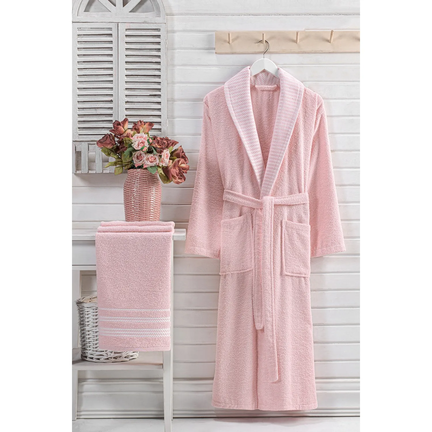 

Özenev Royal 2 Piece Bathrobes Set Cotton Soft Plaids Luxury Geometric Powder Sensitive Skin in First-Class Quality Casual Form