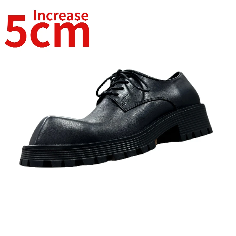 

European/American Square Head Concave Design Men Shoes Thick Soled Increase 5cm Derby Shoes Daily Commuting Casual Leather Shoes