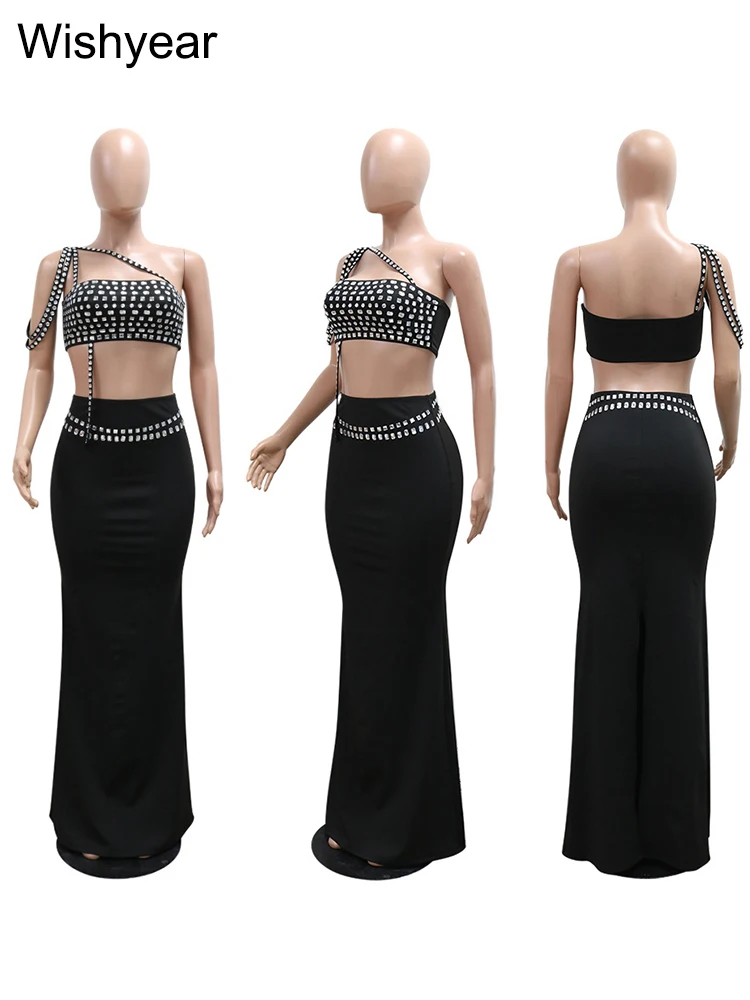 Luxury Celebrities Evening Club Outfit for Women Sexy Black Single Shoulder Diamonds Long Skirts and Crop Tops Two 2 Pieces Suit