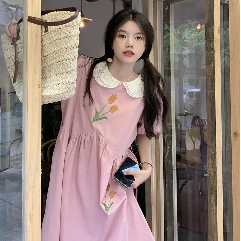 

New In Vintage Floral Embroidery Peter Pan Collar Dresses Women Summer Japanese Preppy Style Sweet Lolita High Waist Vestidos