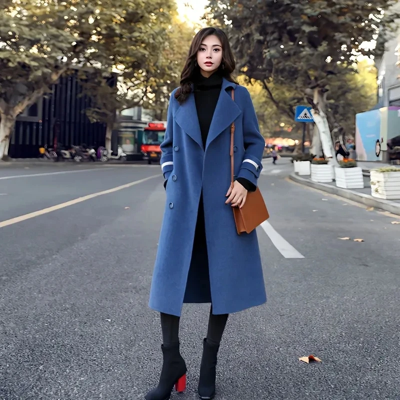 

Pure Color Temperament Woolen Coat Women's Mid-Length 2023 Autumn Winter New Hepburn Loose Long Over-The-Knee Felt Coats Female
