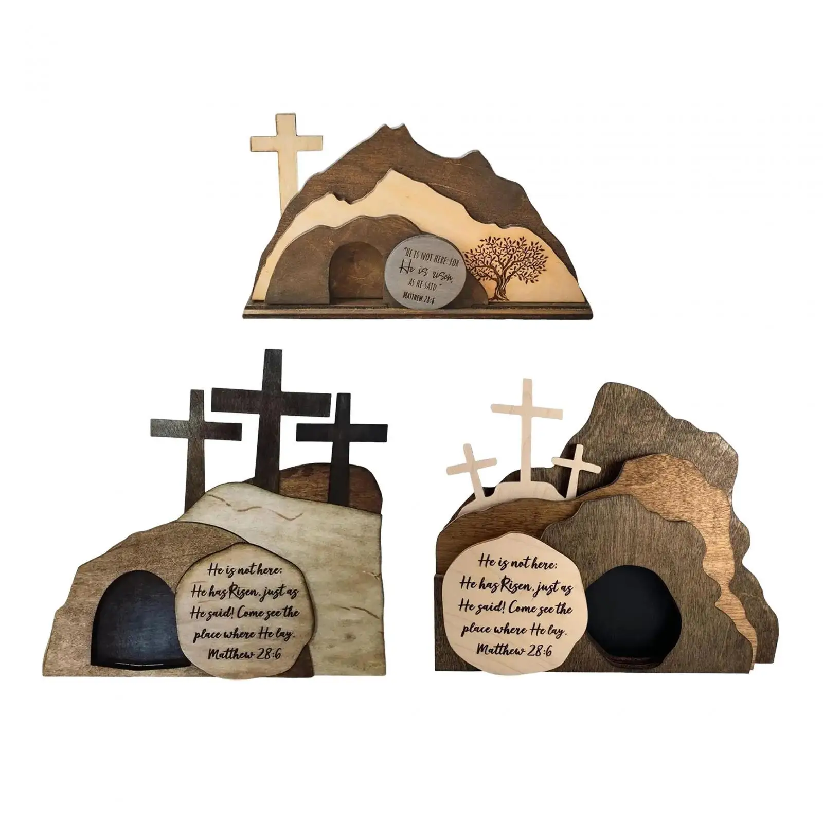 Tomb Figurine Easter Decoration Wood Cross Decor Spiritual Easter Scene Wooden Decoration for Office Desktop Tabletop Table Home