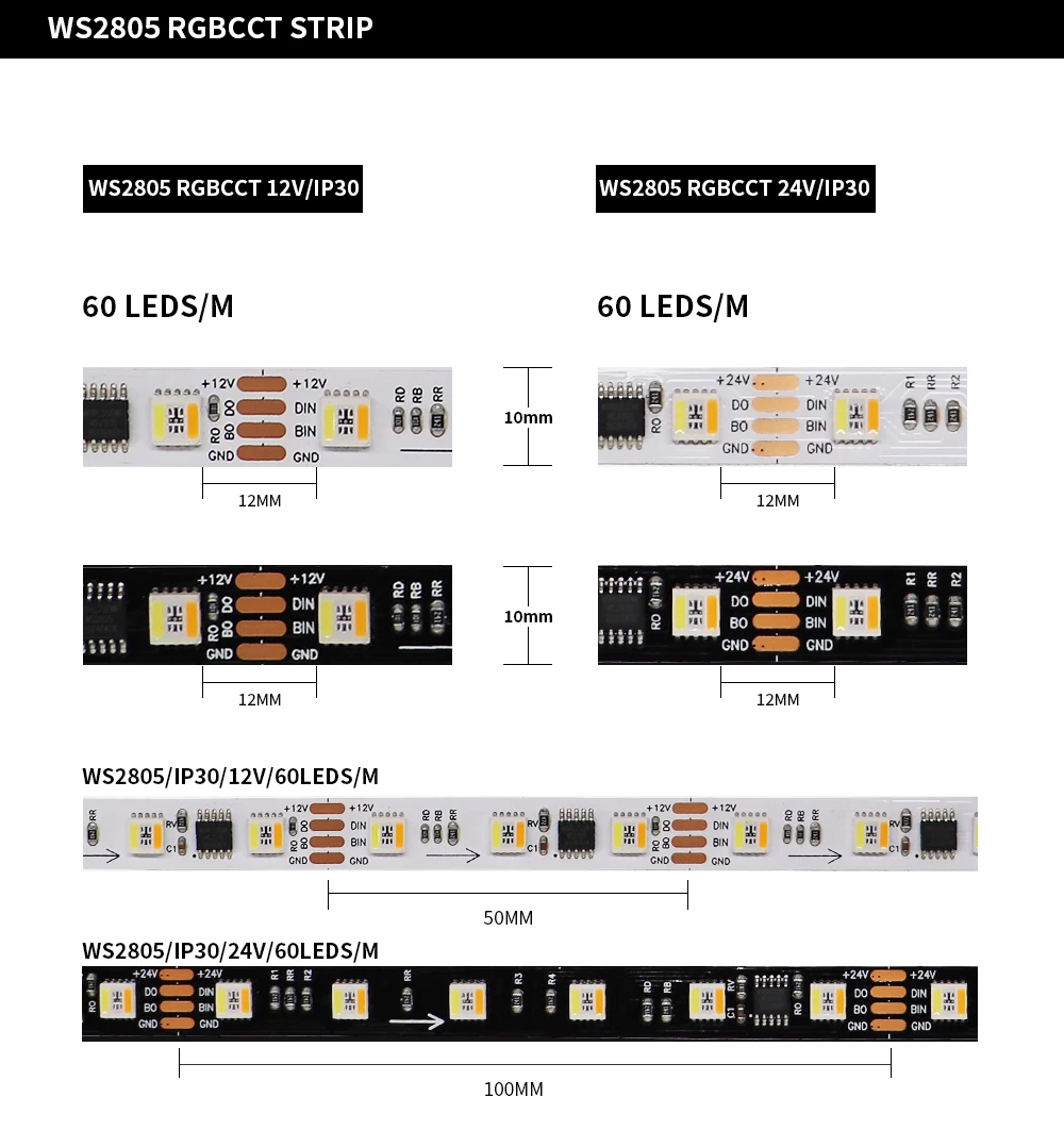 WS2805 Pixel LED-Streifenlicht RGBCCT 5-in-1 adressierbare LED-Leuchten Dual-Signal ähnlich WS2811 60 LEDs/m 1IC bis 3/6LED DC12V/24V – Detail 5