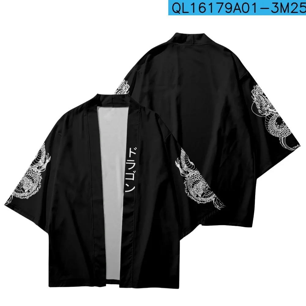 Street Wear Samurai Asian Clothing Japanese Style Sleeve Dragon Print Traditional Kimono Men Yukata Cardigan Black Cosplay Haori