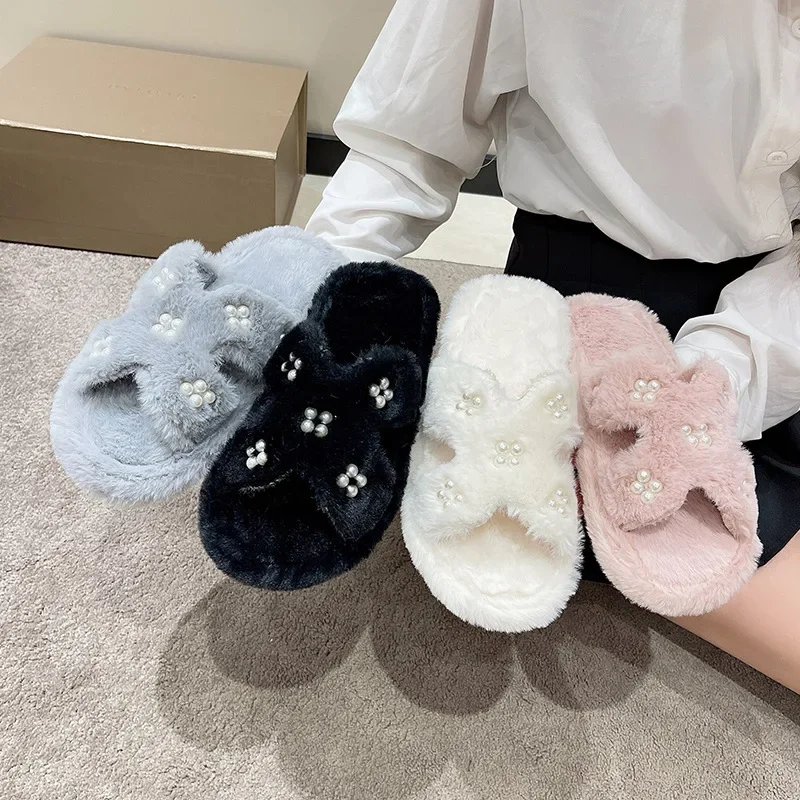 Winter Warm Plush Pearl Slippers Women Fashion Cross Fluffy Fur Shoes Home Slides Flats Indoor Floor Flip Flops Female Shoes