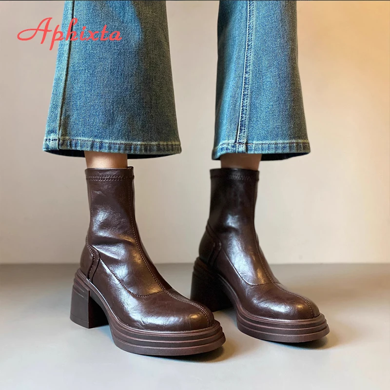 Aphixta Retro Chelsea Shoes Classic Woman Ankle Boots Square Heel Platform Boot Patent Leather Winter Black Ankle Boots