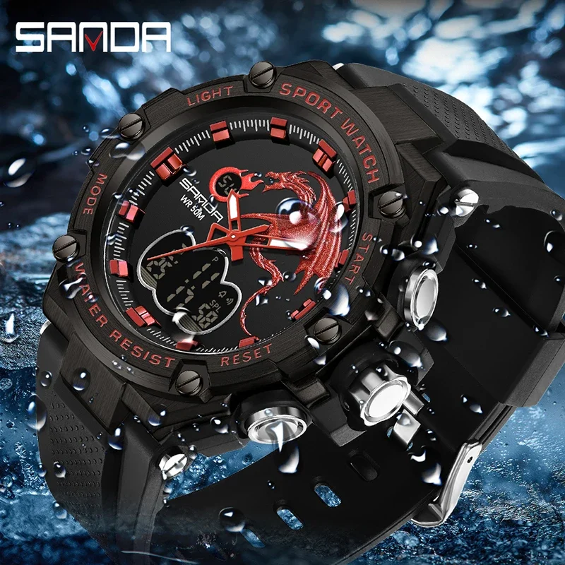 SANDA Brand Men's Sports Fashion Fitness Watch Dual Display Analog Digital Wristwatches Men Waterproof Colorful Military Watches
