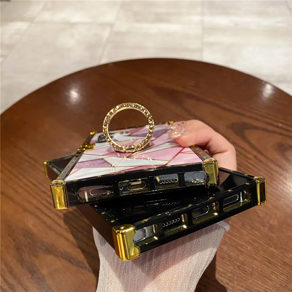 Feather Leopard Print Square Plating Fodral För Samsung Galaxy S24 S22 S21 S20 Note 20 Ultra 10 9 S23 FE A54 Ring Hållare_voghion.com