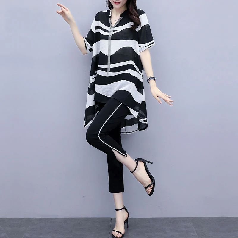 

Women's Two-Piece Suits Summer New Western Style Casual Elegant Tassel Zebra Print Blouse & Fashion Black Pencil Pants