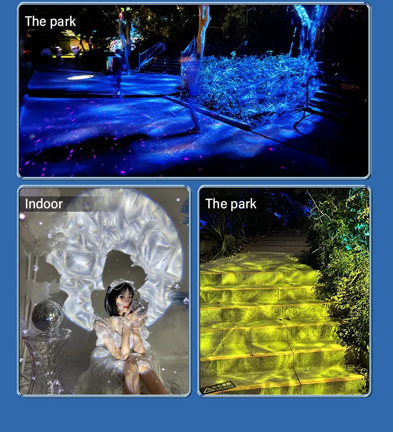 Collage of night scenes: top left shows a pathway with blue lights, top right displays trees illuminated in blue, bottom left is a woman sitting with white floral decor near an Ocean Wave Projector