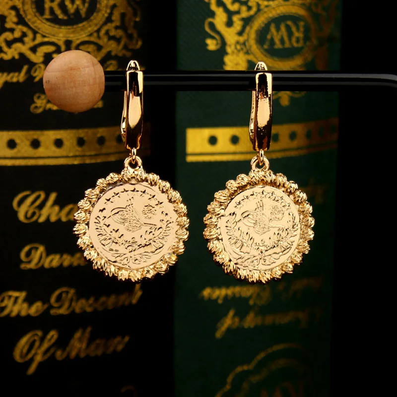 New Turkish Coin Dangle Earrings Gold Plated Ehtnic Wedding