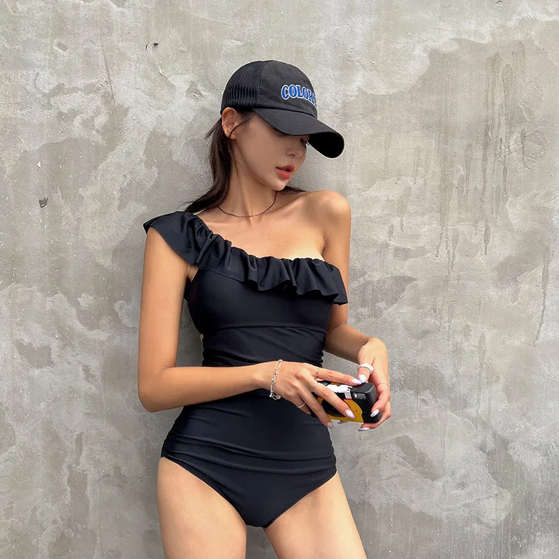 

2023 Sexy Korean Women Swimsuit One Piece One Shoulder Sexy Ruffle Solid Bathing Suit Vintage Classic Swimwear Swimming Costumes