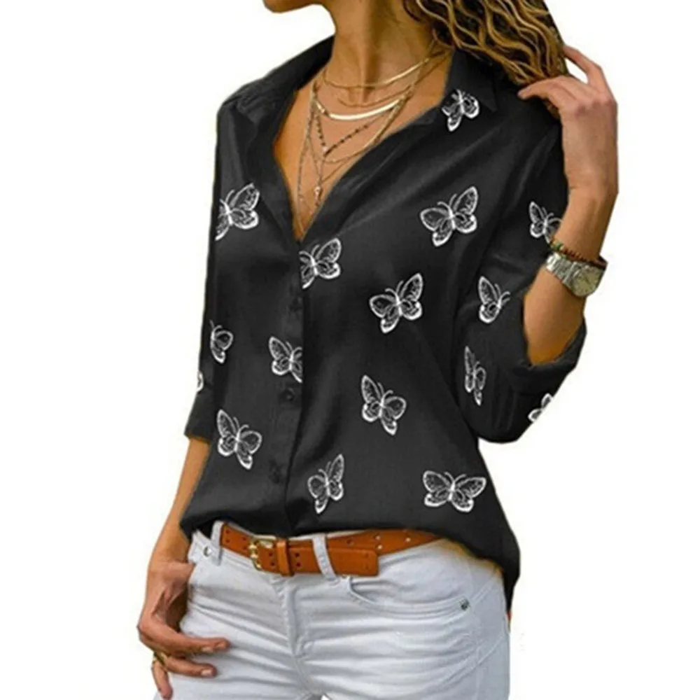 Women Butterfly Print Long Sleeve Blouse Summer Tops