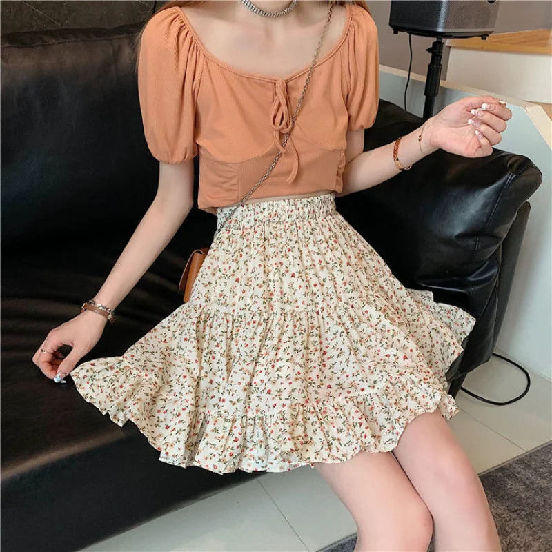 Skirts Women Vintage Floral Summer New Korean Style Ruffles