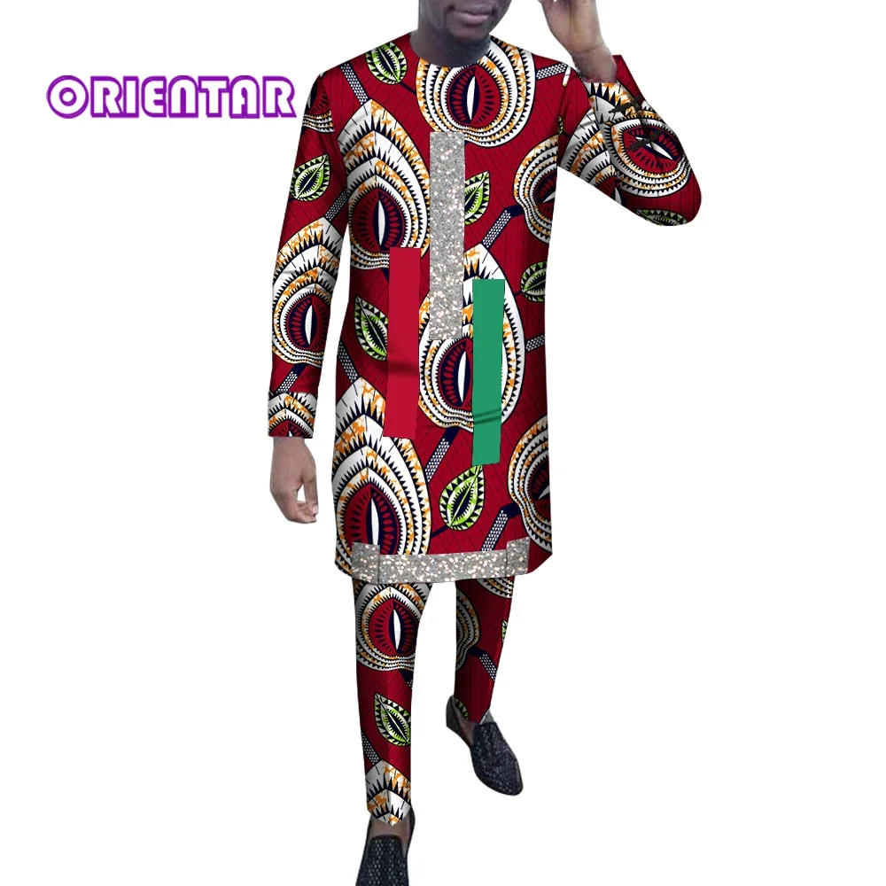 African Clothing Men\'s Print Set Long Shirts+Trousers Custom Made Ankara Fashion Male Groom Suits African Clothes Party WYN1554