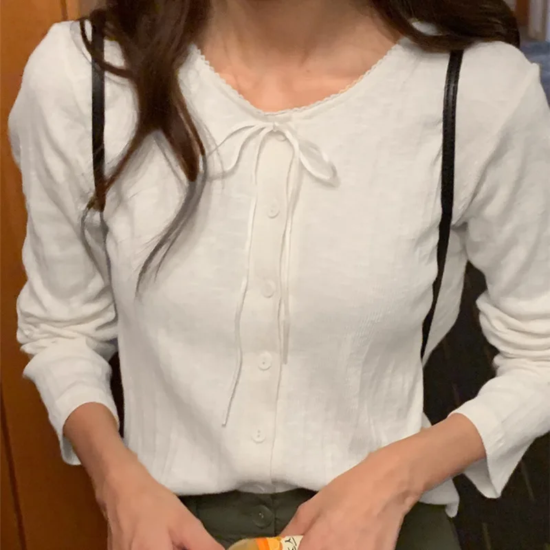 

Solid Color Knitted Women's Sweater Bowknot and Lace Collar, 2024 Spring Single-breasted Short Style Elegant Long Sleeve Top.