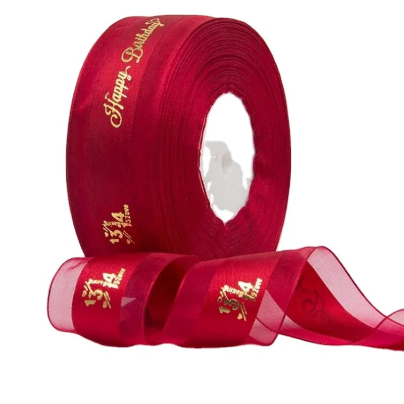 Ribbon customizationCustom Gold Foil Printed Polyester Organza Ribbons With Logo