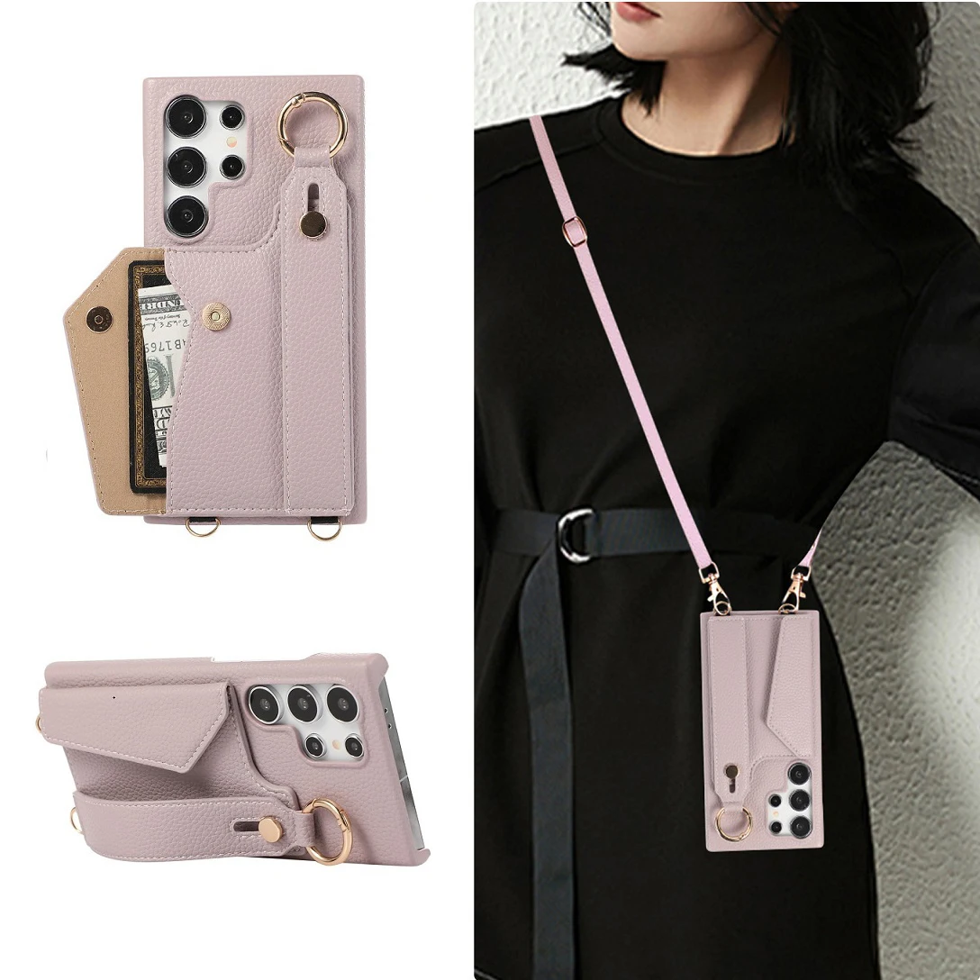Luxury Shoulder Leather Wallet Case with Card Slot and Hand Strap - Purse Phone Cover